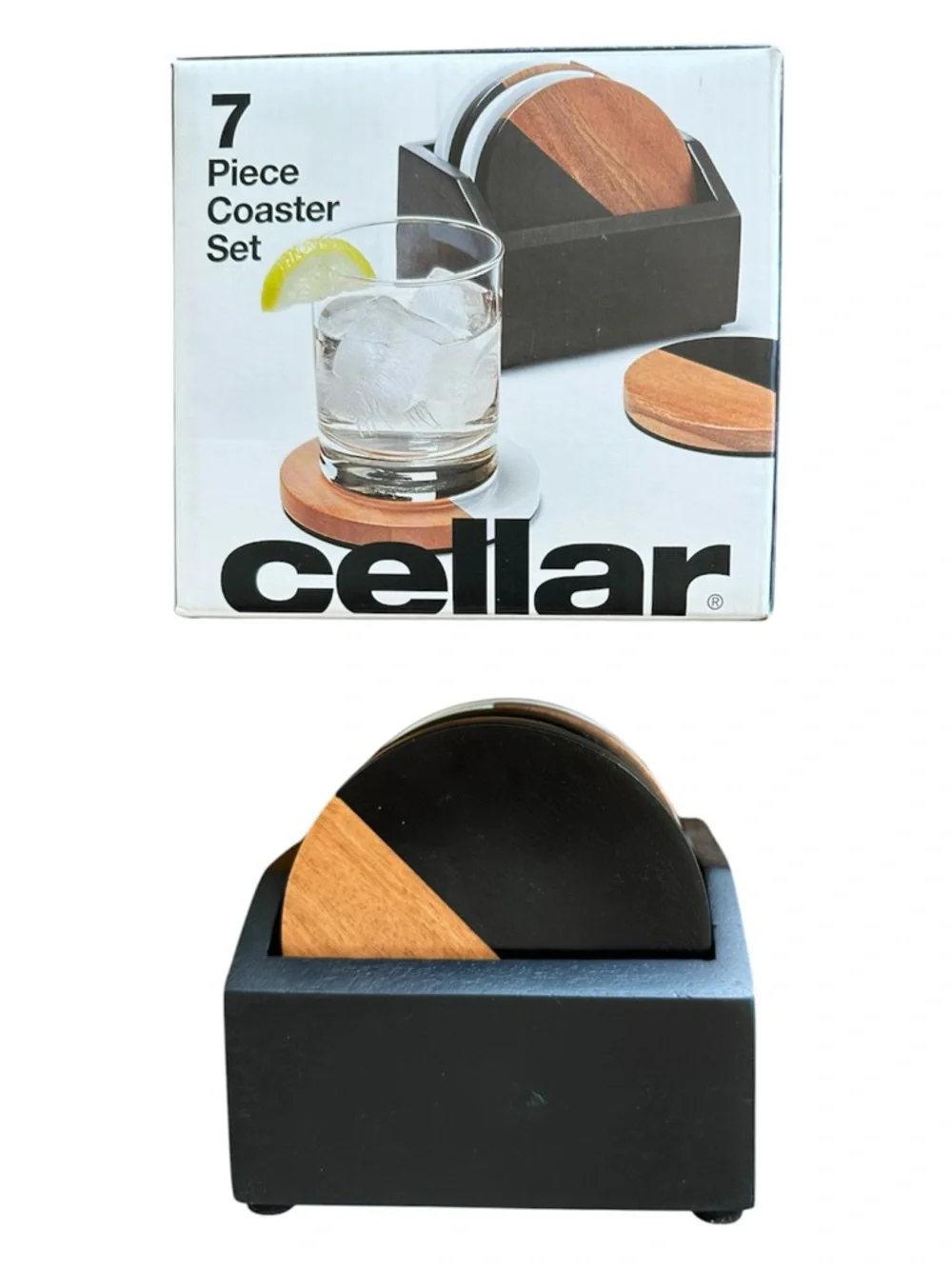 The Cellar 7-Piece Coaster and Holder Set Acacia Wood Black Coasters